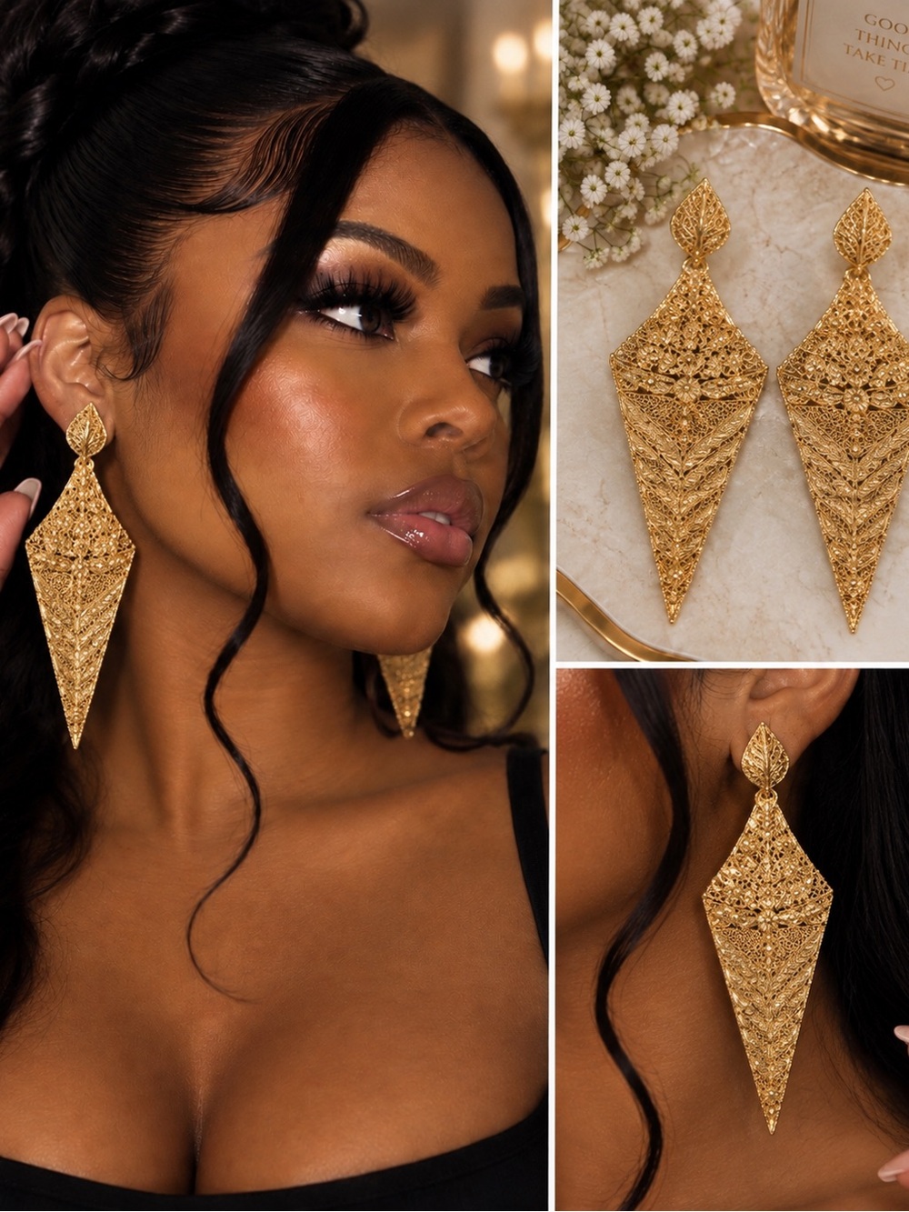 Gold Filigree Dangle Earrings - Women Jewelry